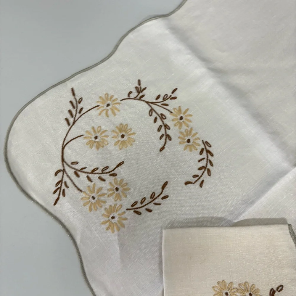 Vintage Embroidered Floral Tablecloth and Napkin Set